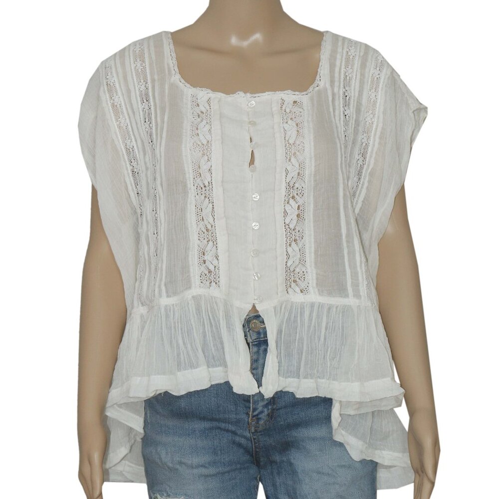 Free People FP One Georgia Blouse Top Lace Trim Capped Sleeve XS - Picture 7 of 10